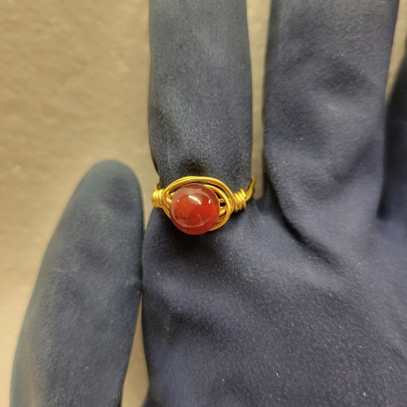 Gold Wire Wrapped Natural Carnelian Bead Ring - Picture 2 of 10